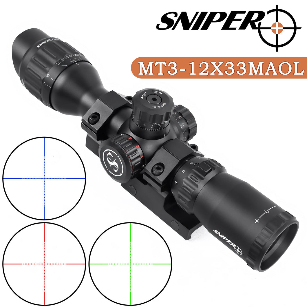 MT3-12x33MAOL Scope with Red, Green, Blue Illuminated Mil-Dot Reticle